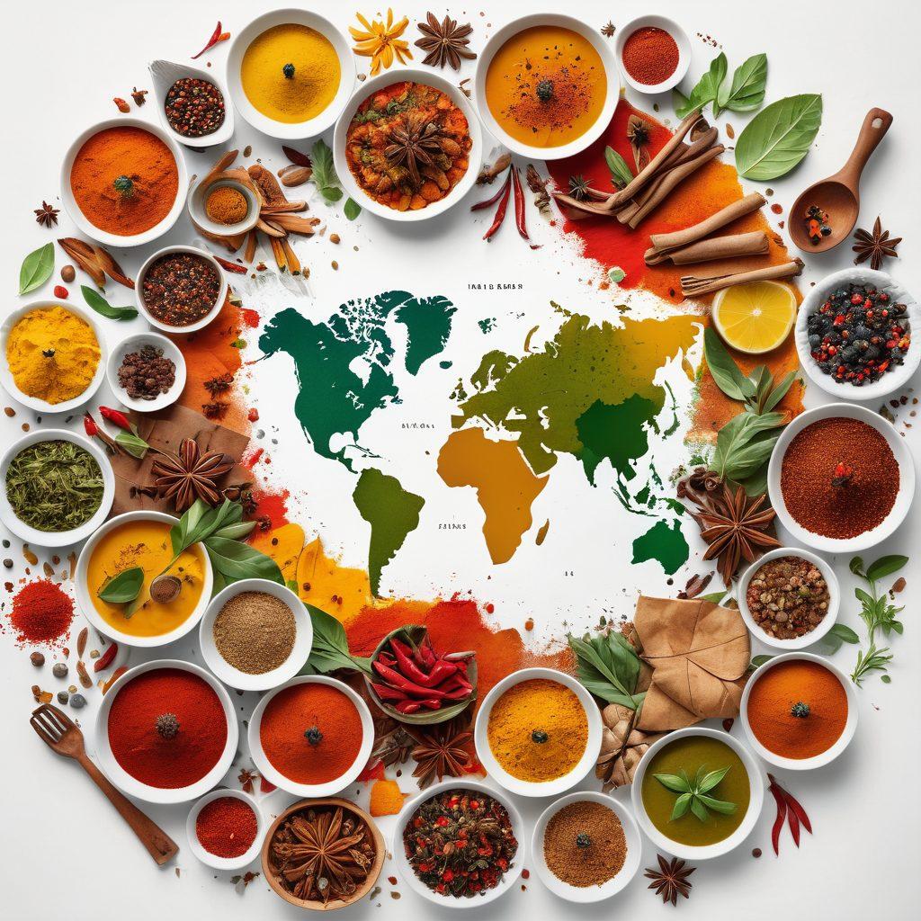 A vibrant collage featuring diverse traditional dishes from around the world, including colorful spices, fresh ingredients, and cooking utensils. In the background, a world map made from various foods, emphasizing cultural connections through cuisine. Enhance the scene with people enjoying meals together, showcasing community and culinary traditions. super-realistic. vibrant colors. white background.