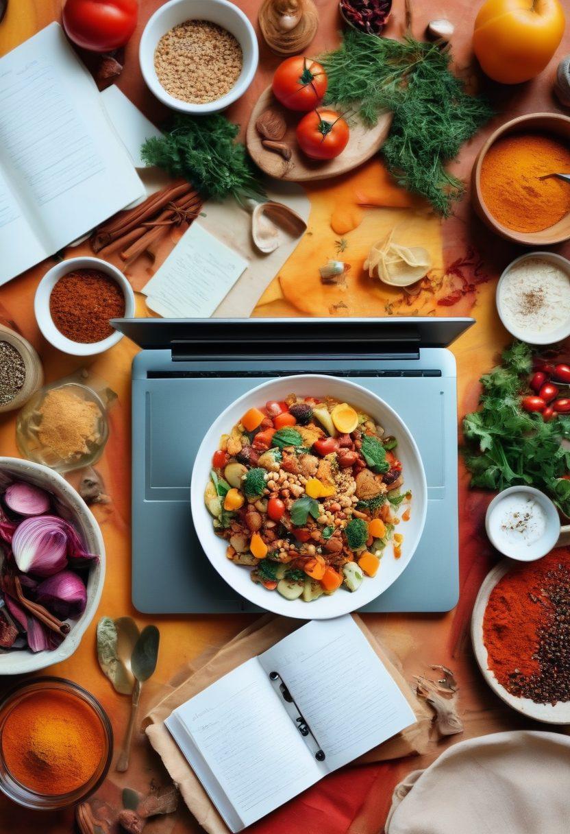 A colorful collage showcasing various food blog elements: a beautifully plated dish, a laptop with food review articles, vibrant spices and fresh ingredients scattered around, and a notepad filled with handwritten recipes. The background includes soft kitchen lighting to create a warm, inviting atmosphere. super-realistic. vibrant colors. soft focus.