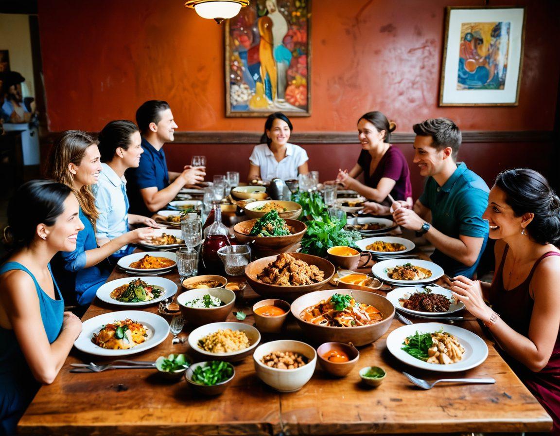 A vibrant, rustic dining table filled with diverse local dishes, each reflecting unique cultural flavors. Surrounding the table are excited food bloggers capturing the moment, infused with joy and curiosity. In the background, colorful murals showcasing regional culinary traditions bring the scene to life. The overall ambiance radiates warmth and community, inviting the viewer to join the feast. colorful photography. warm tones. natural light.